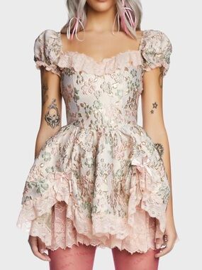Dolls Kill Sugar Thrills Tea and Circumstance Brocade Mini Dress Pink Coquette